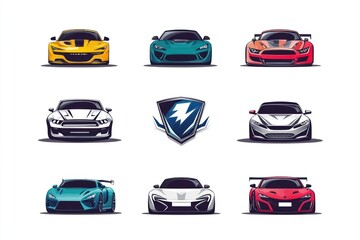 Fast sports cars front view, collection, white background, website design