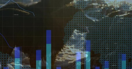 Displaying translucent world map grid overlay with moving blue line chart numeric labels over ocean - Powered by Adobe