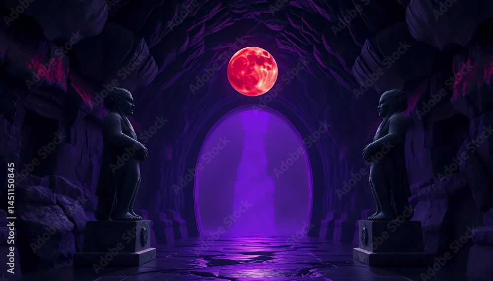 Poster mystical pixelated cavern with purple and red illumination featuring stone statues in a dark environ