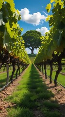 Vineyard landscape with symmetrical rows of grapevines leading to a large oak tree under a blue sky, showcasing agriculture, nature, and scenic rural beauty

