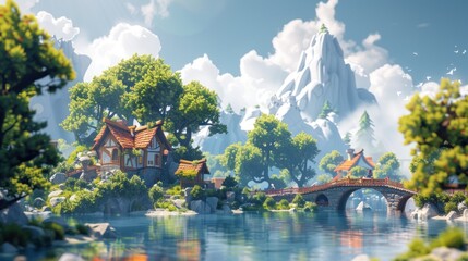 Obraz premium Mountain village by a lake