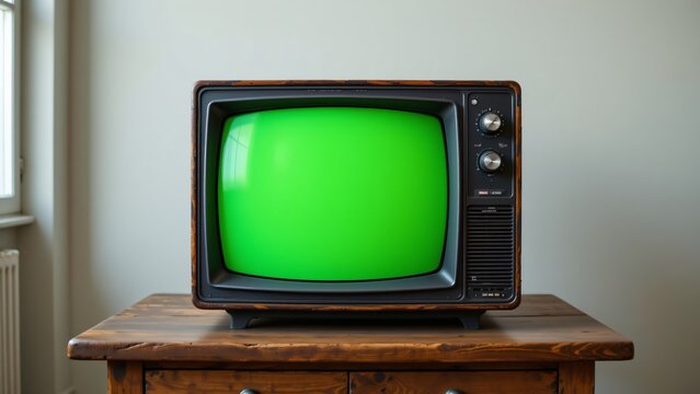 Vintage television showcasing green screen technology retro home setting image of an old tv indoor environment straight angle concept of media evolution