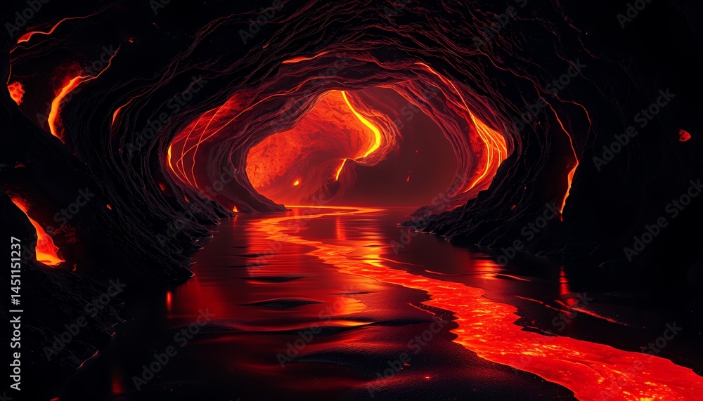 Poster dark cave interior with fiery lava river red and orange molten rock landscape flowing through shadow
