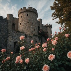 A castle with roses growing up its stone walls.
