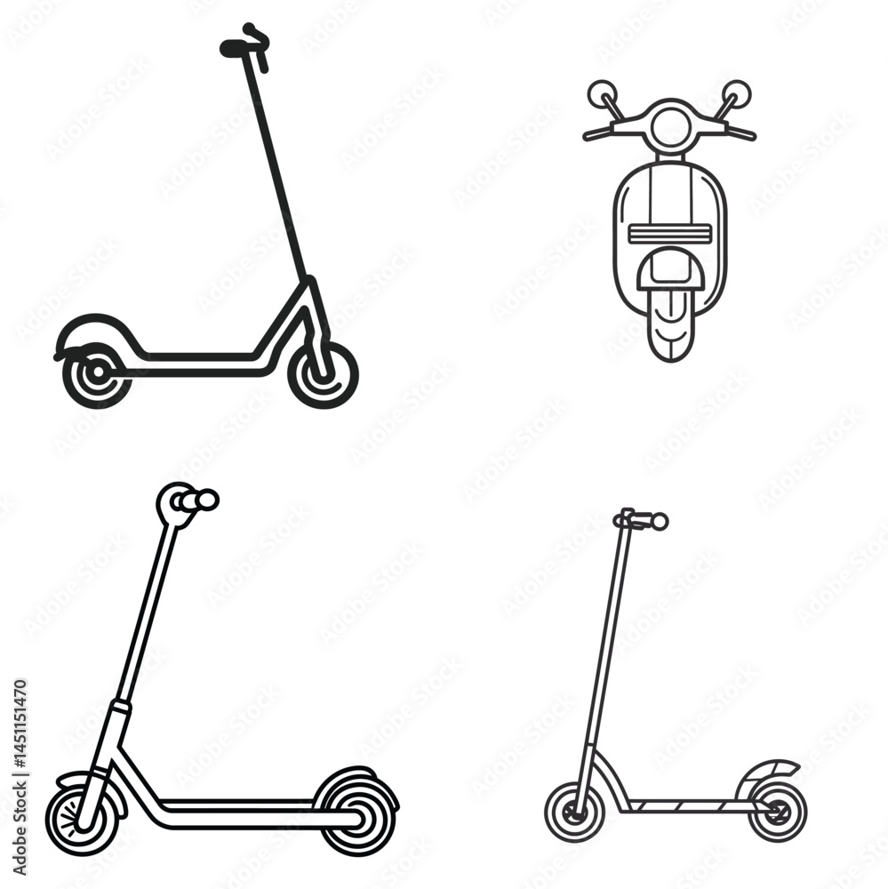 Aufkleber scooter icons set with different types and styles in outline, on transparent background