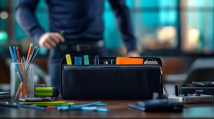 Office workspace with organized stationery in a stylish case, professional setting with blurred background