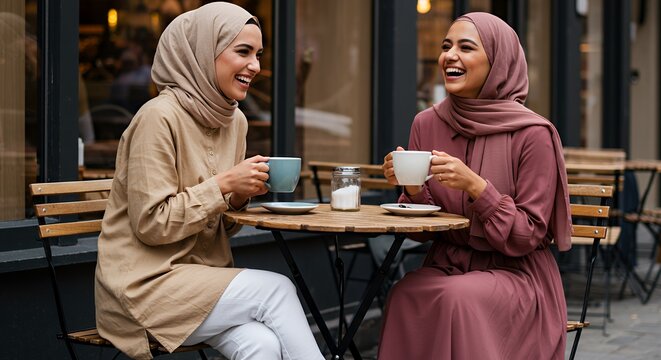 Two Muslim Women Enjoying Coffee at a Parisian Cafe