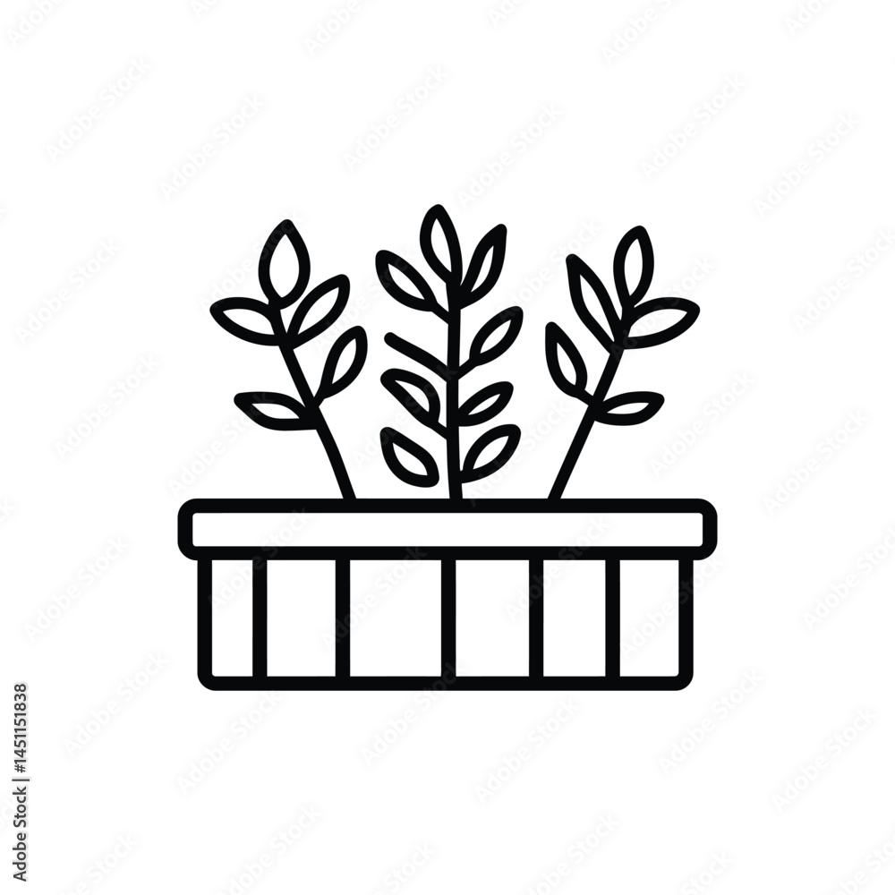 Poster seedlings icon in planter box with leaves in outline on transparent background