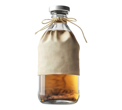 A bottle of liquor with a brown cloth tied around it