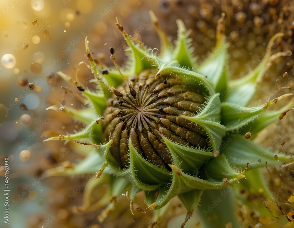 Poster sunflower seed pod close up reveals intricate texture, a natural wonder. detailed macro shot showcas