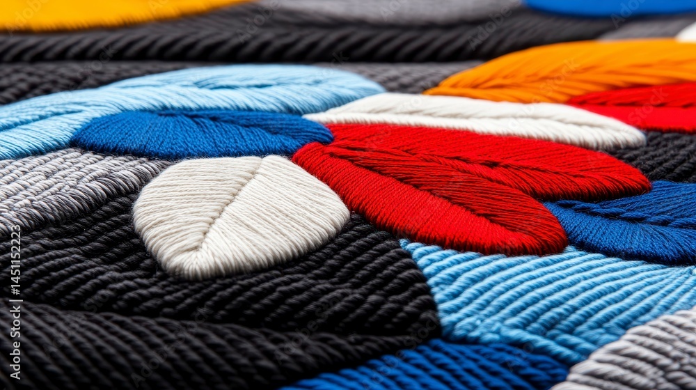 Poster intricate macro view of colorful fabric embroidery featuring stylized leaves in a range of vibrant h