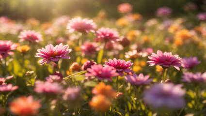 Obraz premium A sunlit field displays an array of pink and yellow daisies in bloom. The image, likely for Adobe Stock, is vibrant and evokes a sense of warmth.