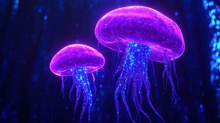 Vibrant, glowing jellyfish illuminated in a mystical underwater setting, showcasing bioluminescent colors and ethereal beauty