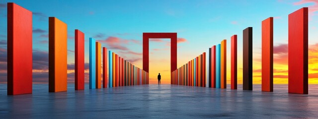 Obraz premium A surreal landscape featuring tall colorful pillars leading to an abstract gateway against a vibrant sunset sky