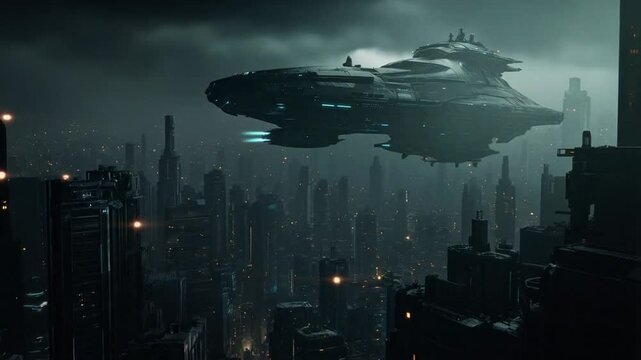 Futuristic Cityscape Illuminated by Towering Lights Beneath Hovering