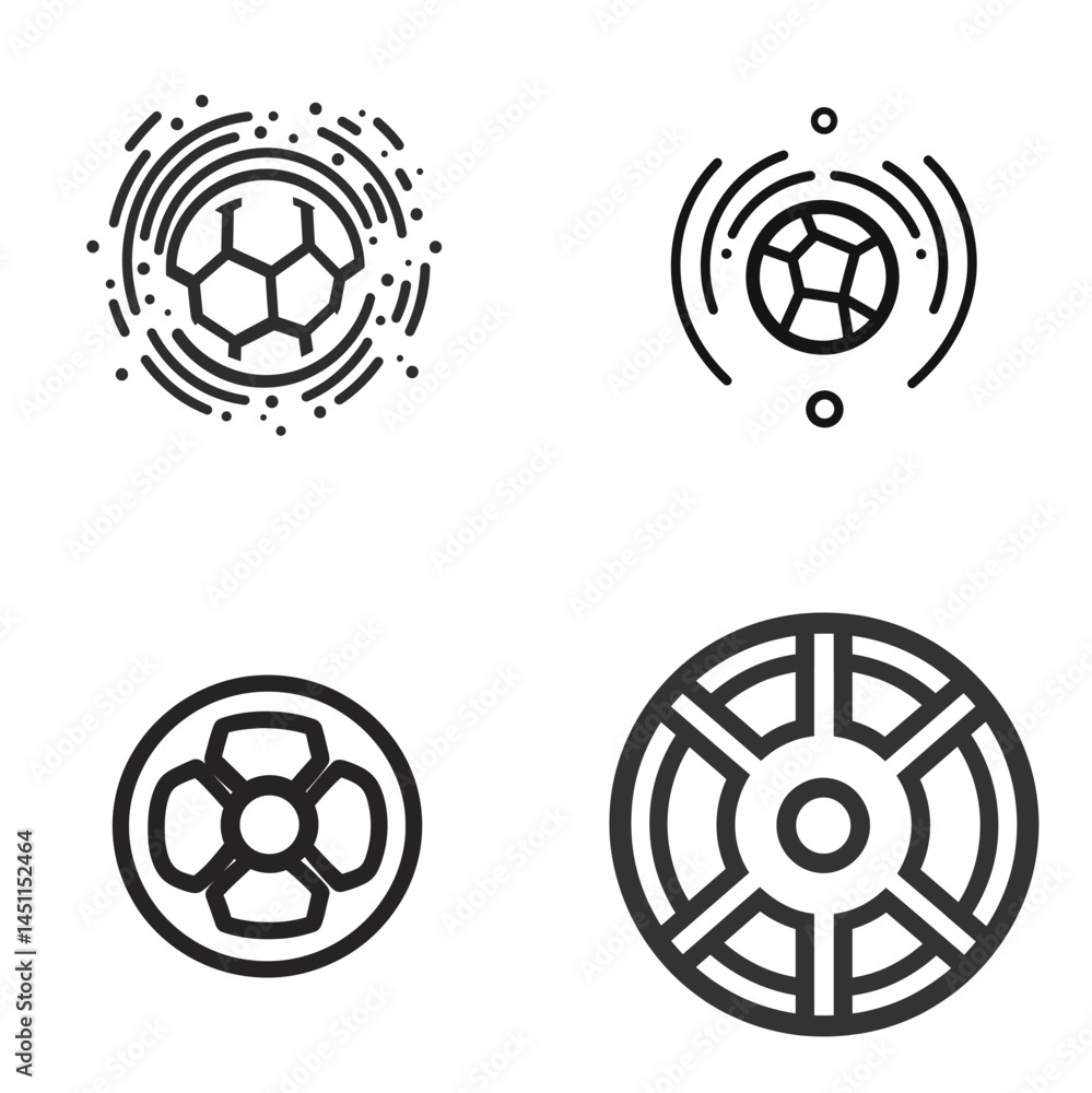 Poster set of football balls icons with circular patterns in modern minimalist style