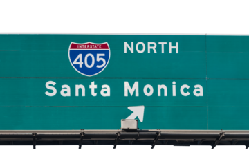 Santa Monica 405 North freeway exit ramp sign in Los Angeles California..  Isolated with cut out background.