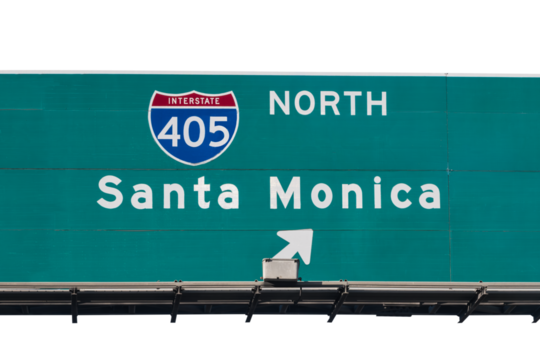 Santa Monica 405 North freeway exit ramp sign in Los Angeles California..  Isolated with cut out background.
