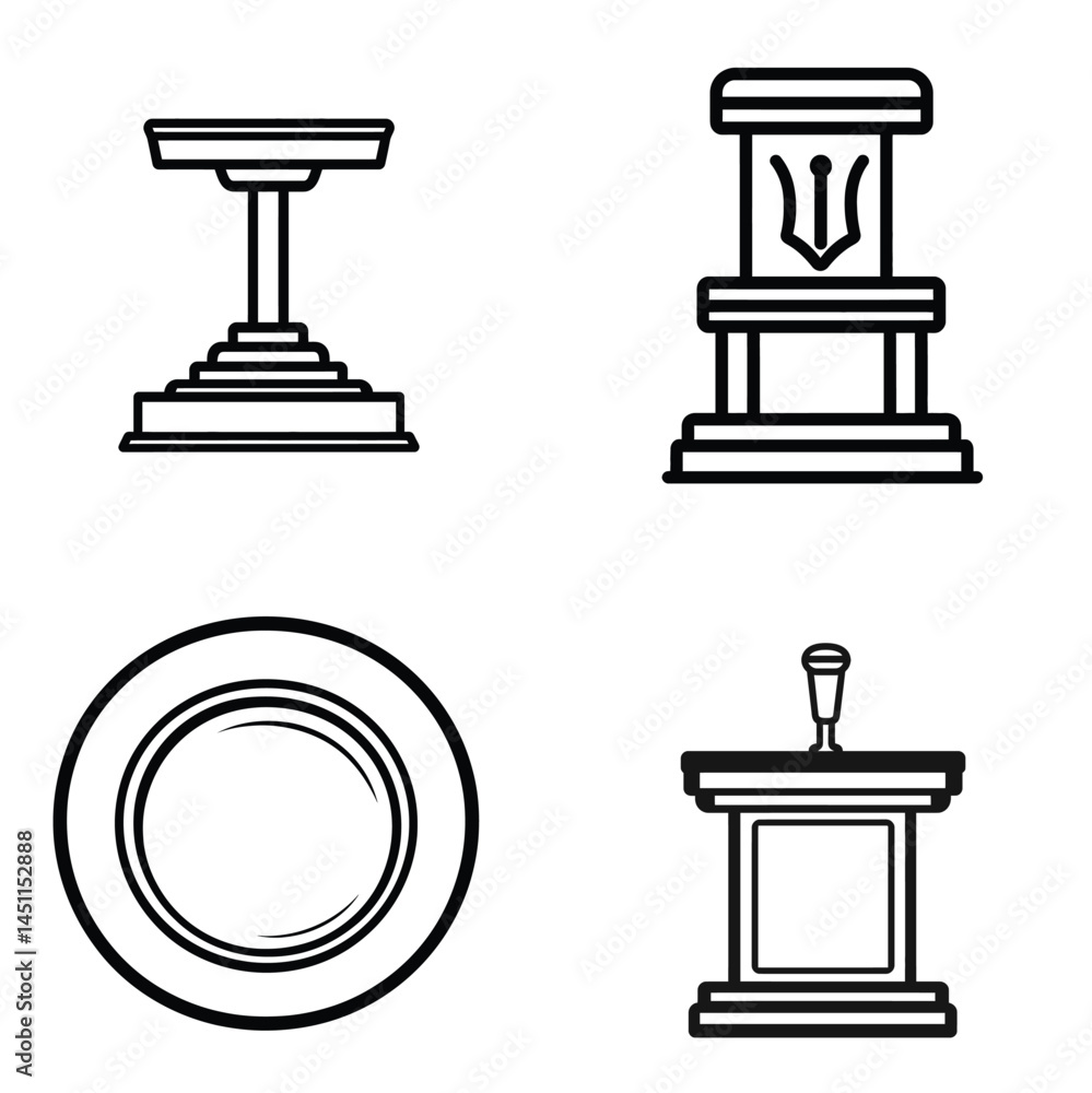 Poster set of four black outline monuments and stand isolated on transparent background