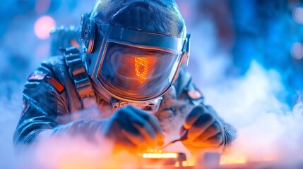 crazy astronaut repairing a glowing alien device in a crashed spaceship laboratory, cinematic sci-fi mood with blue and orange smoke