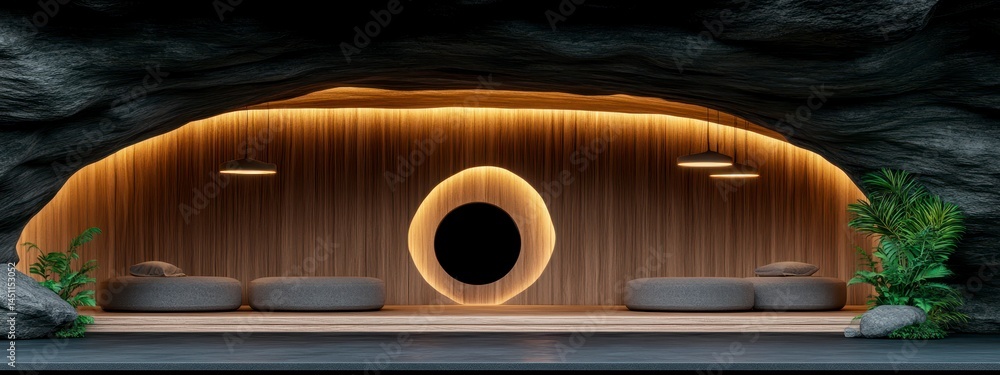 Poster modern minimalist interior design with smooth oval shapes and soft lighting in a cave-inspired loung
