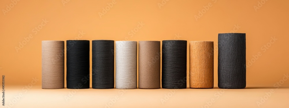 Poster a visually striking arrangement of rolls of textured paper in various colors against a warm orange b