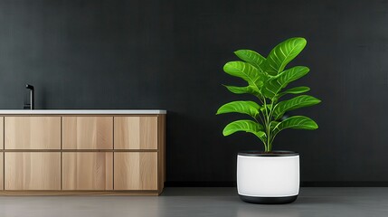 Contemporary indoor kitchen setting featuring a stylish fiddle leaf fig plant in a minimalist white pot against a sleek dark wall