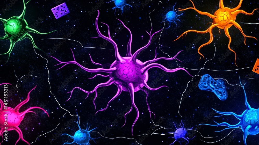 Poster colorful abstract representation of neurons in a cosmic space, illustrating connections and interact