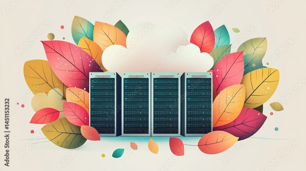 Poster autumn leaves cloud computing server rack data center technology illustration digital art graphic de