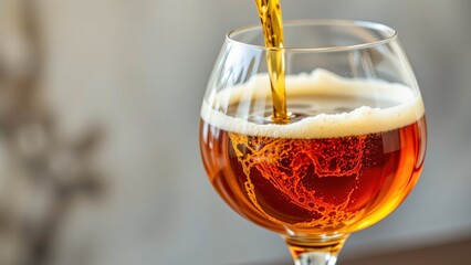 Pouring refreshing amber beverage into glass home kitchen lifestyle photography cozy indoor environment close-up view celebrating relaxation and enjoyment