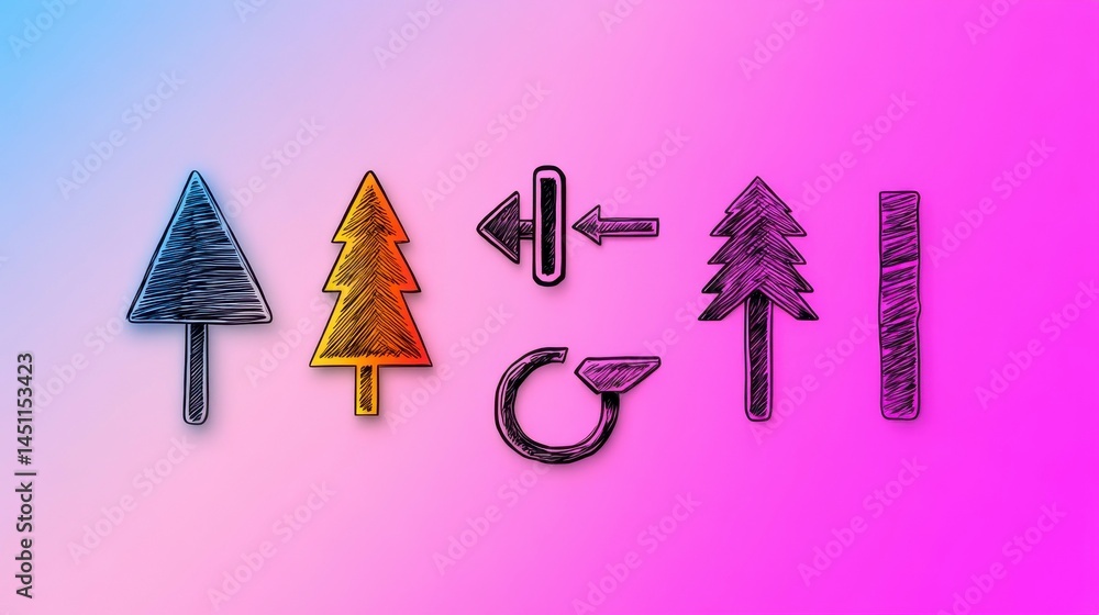 Poster a vibrant collection of sketched arrows and trees against a colorful gradient background, illustrati