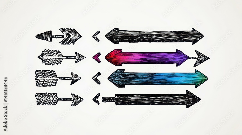 Poster colorful hand-drawn arrows illustrating directionality and dynamic movement in various styles and or