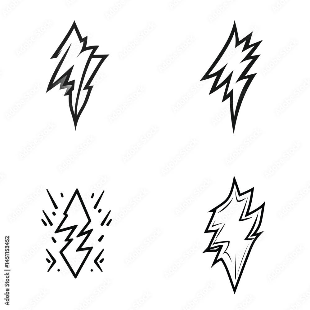 Aufkleber set of four lightning bolt icons in doodle style with transparent background