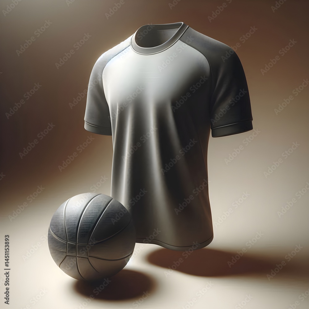 Poster jersey and ball mockup in levitating style against a soft neutral background with sharp lighting and