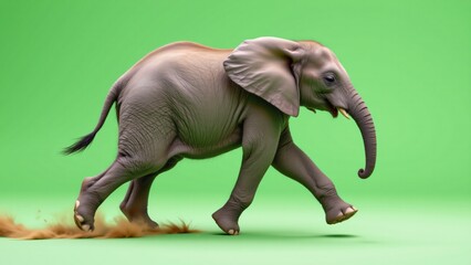 Fototapeta premium Running elephant in vibrant green studio animal photography dynamic motion playful environment close-up view wildlife concept for seo visibility