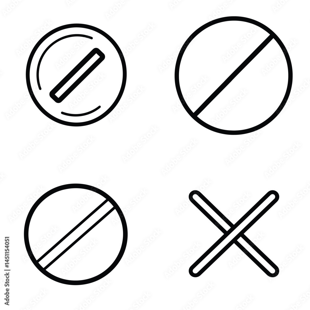 Poster set of four round black line art icons with prohibited symbols on transparent background