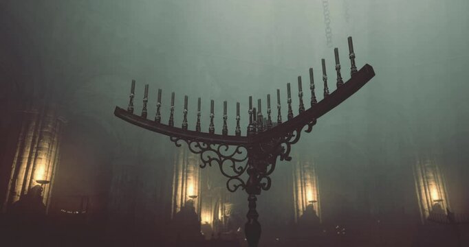 A large candelabrum featuring several candles stands prominently in a misty, dimly lit interior. Soft light filters through the haze, revealing ornate architectural details in the background.