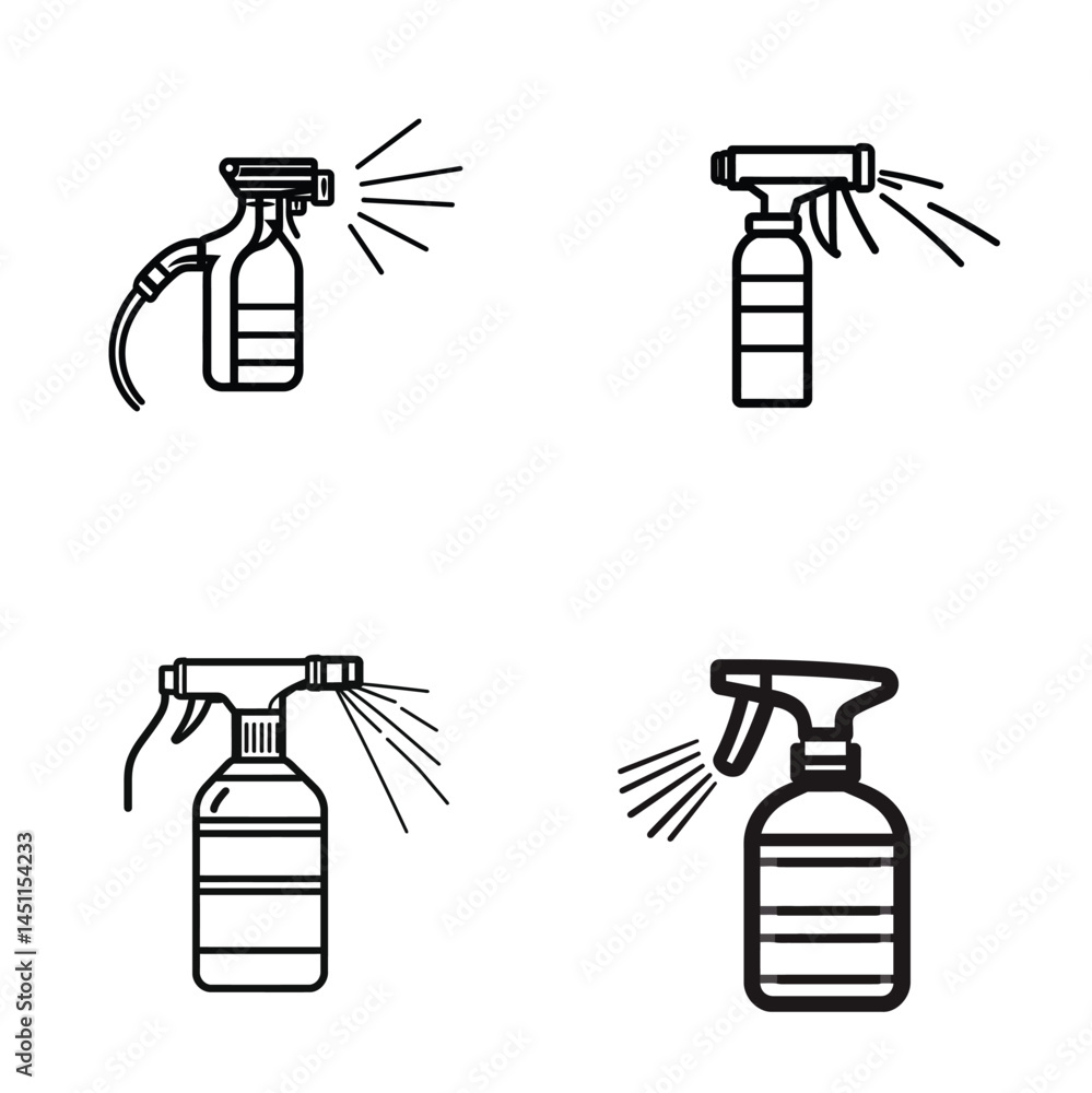 Poster set of four spray bottle outline icons with spritz effect on transparent background