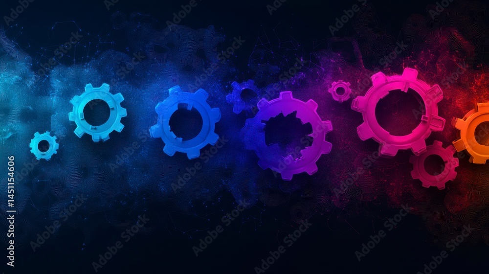 Poster abstract composition featuring colorful gears merging with digital elements, symbolizing innovation 