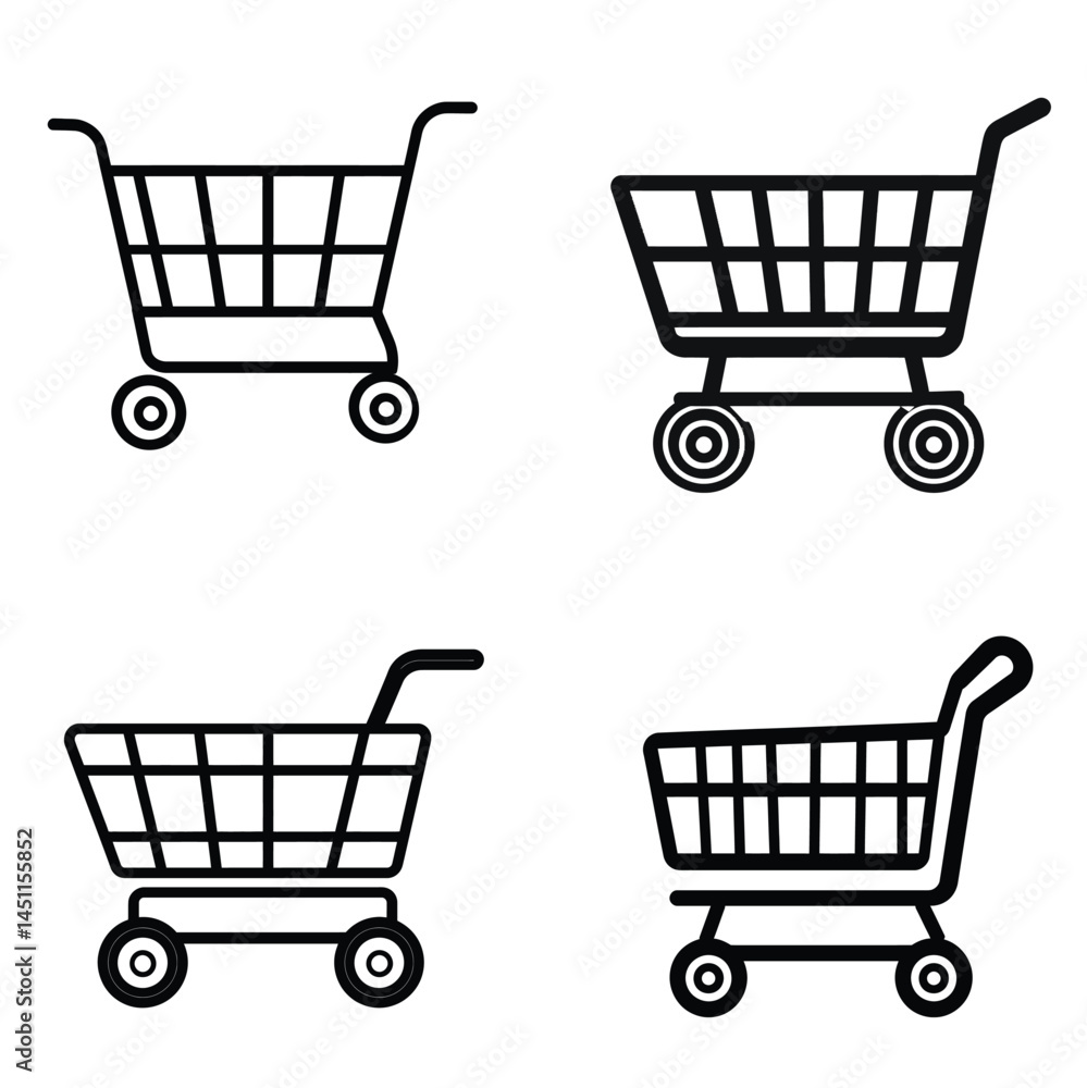 Poster set of shopping carts icon, black outline, multiple style variations on transparent background