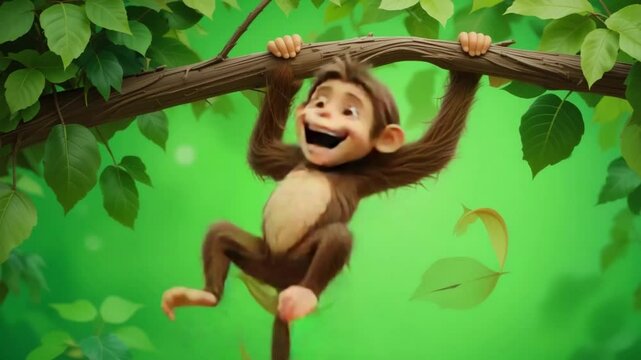 Cartoon Monkey Hanging from a Branch with Playful Expressions in a Lush Green Jungle