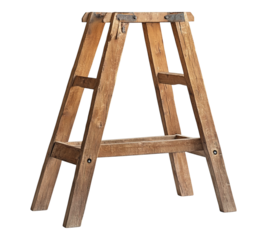 A wooden ladder stool with a wooden shelf