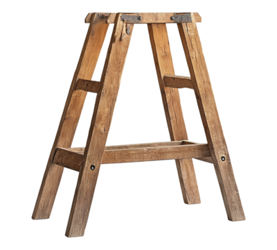 A wooden ladder stool with a wooden shelf