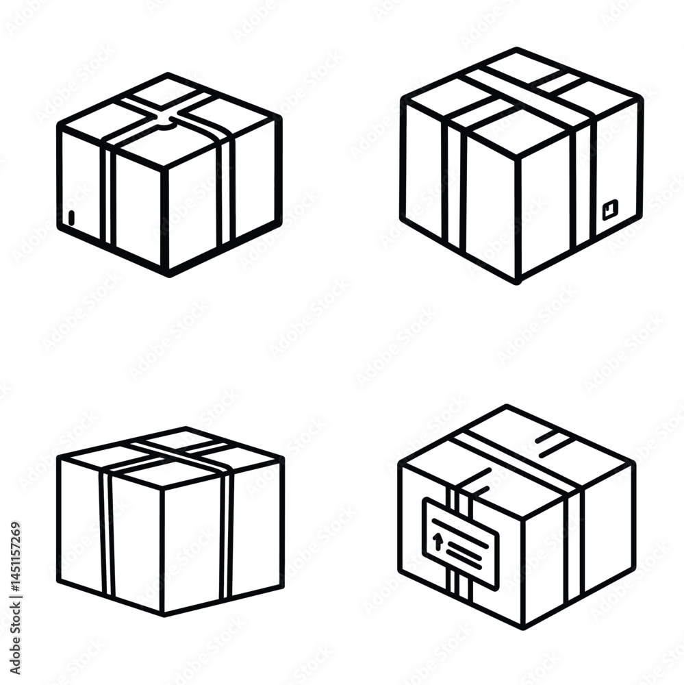 Poster shipping box isometric icon set with tape seal design in line art style