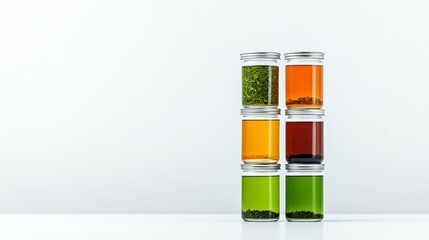 Aesthetic arrangement of colorful jars filled with various herbal teas and dried plants on a minimalist background