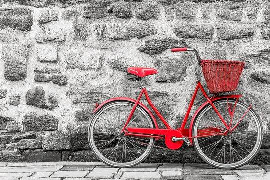 Red bicycle against textured stone wall, vintage appeal and charming aesthetic