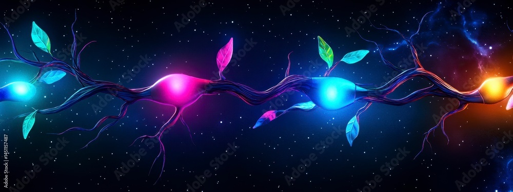 Poster colorful and vibrant representation of interconnected neurons in a cosmic setting showcasing nature 