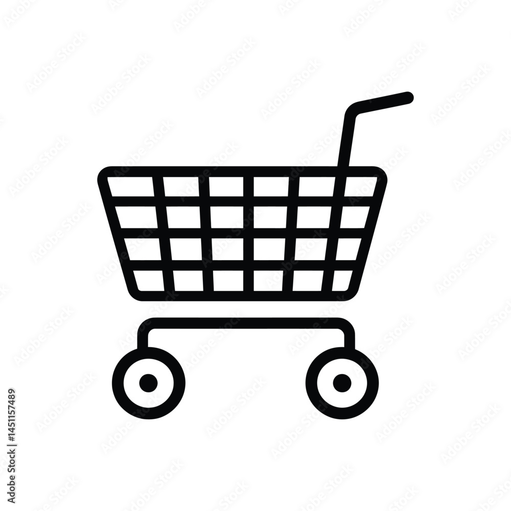 Poster shopping cart icon with four wheels and handle in simple black line style