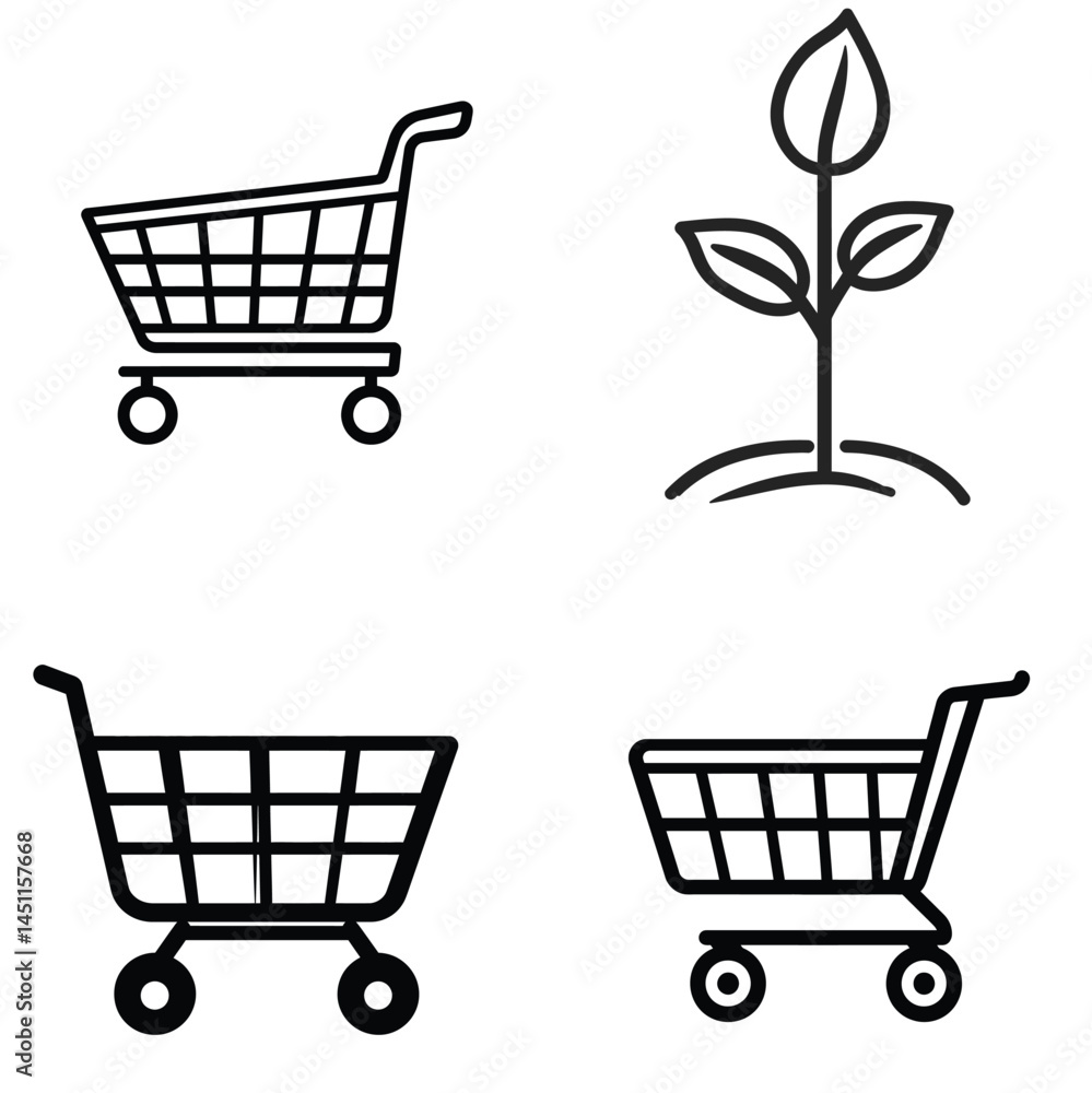 Poster shopping cart icons and plant in line style on transparent background set