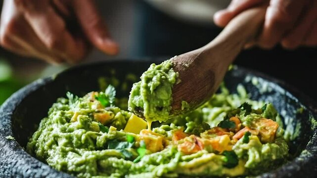 Fresh guacamole being prepared in a traditional stone bowl.  Hands gently mix and stir the green avocado mixture with vibrant pieces of mango and cilantro